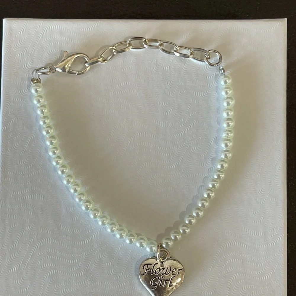Faux pearl bead flower girl bracelet adjustability